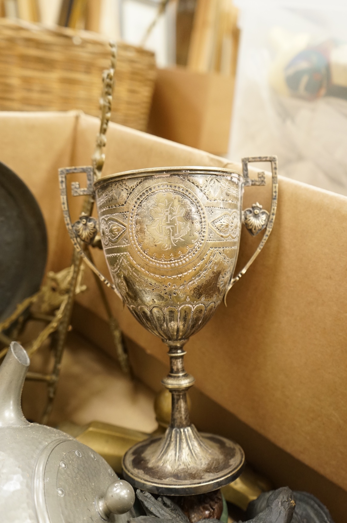 An Arts & Crafts pewter teaset and tray and a collection of mixed metalware